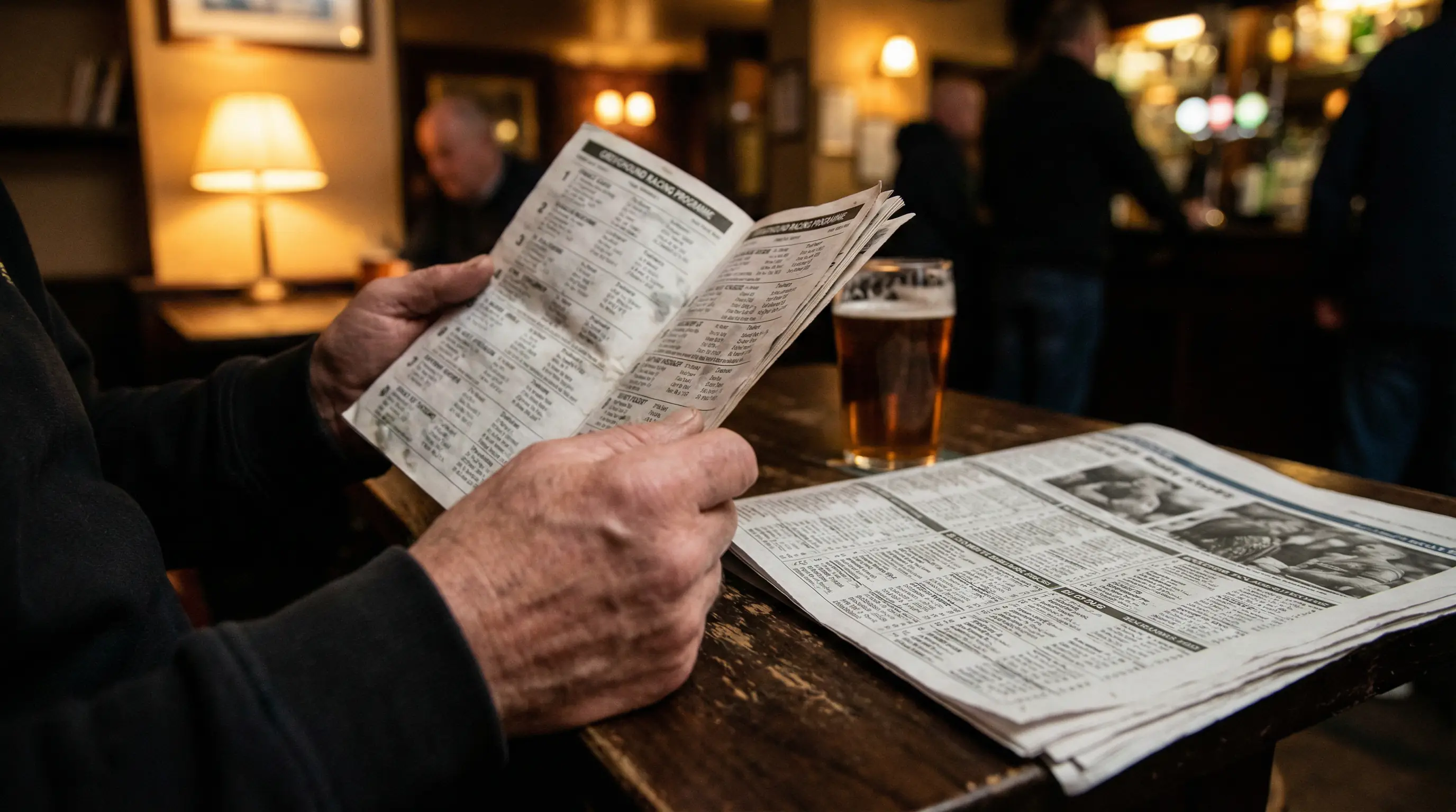 A person studying a greyhound event programme and future odds on a table before a major competition