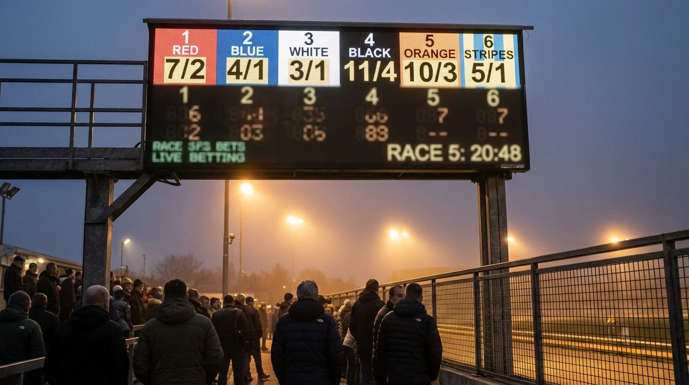 A betting odds board at a greyhound track showing prices for six runners in a race