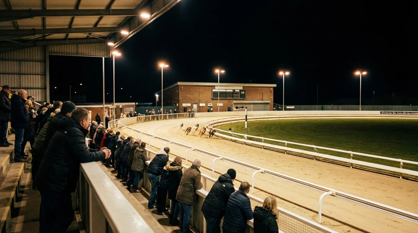 Central Park greyhound racing stadium in Sittingbourne, Kent, seen from the grandstand on a race night