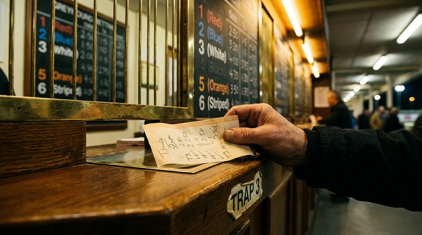 Greyhound racing betting slip with trap numbers at a UK stadium