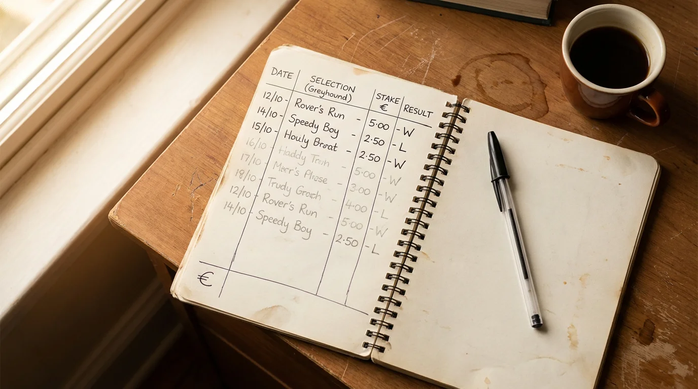 A notebook with handwritten betting records and staking notes next to a pen on a desk