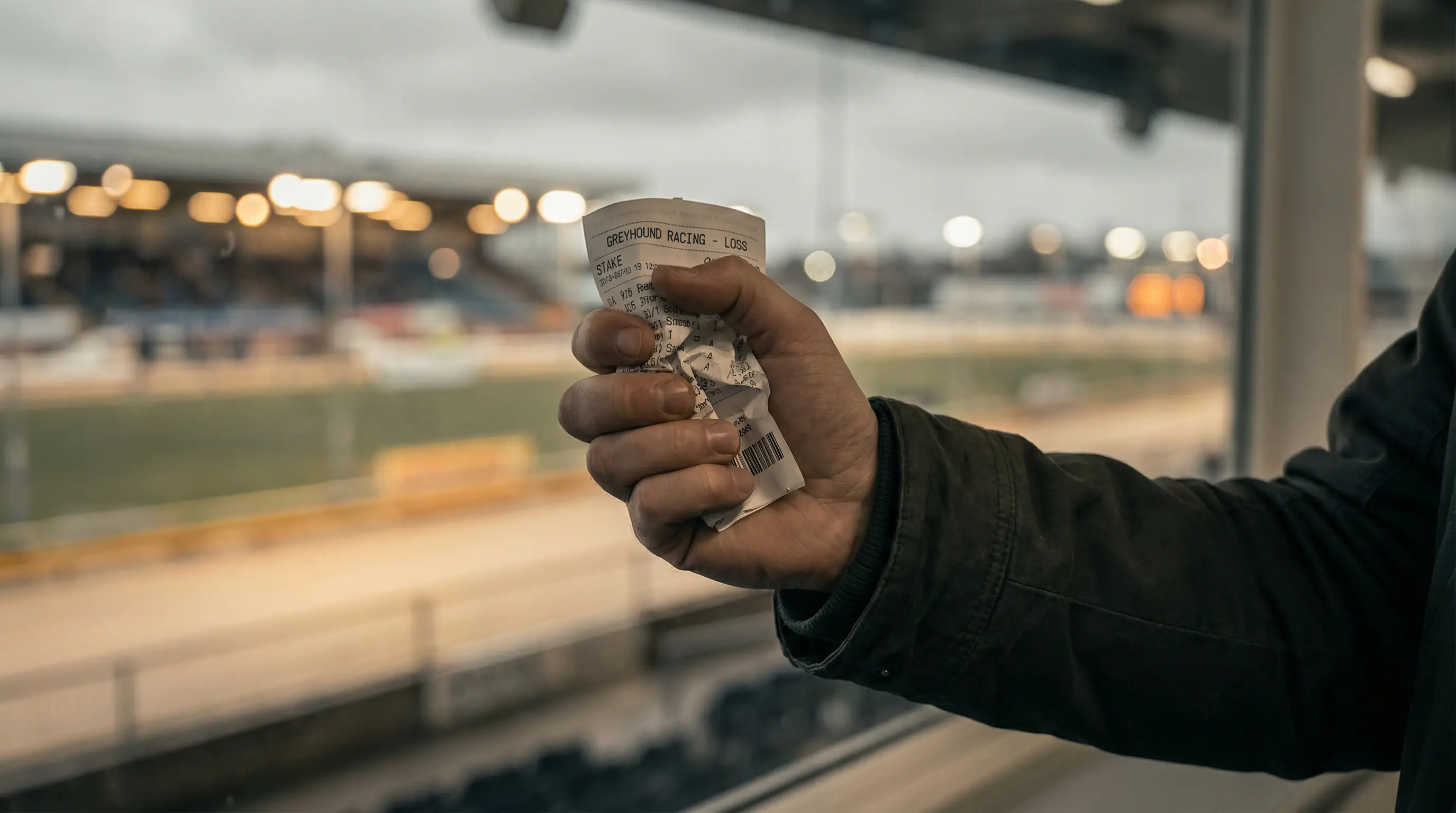 A frustrated bettor crumpling a losing greyhound betting slip at a UK stadium