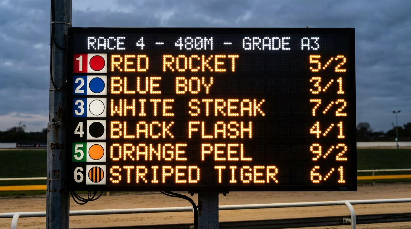 An odds display board at a greyhound racing stadium showing fractional prices for six runners in a race