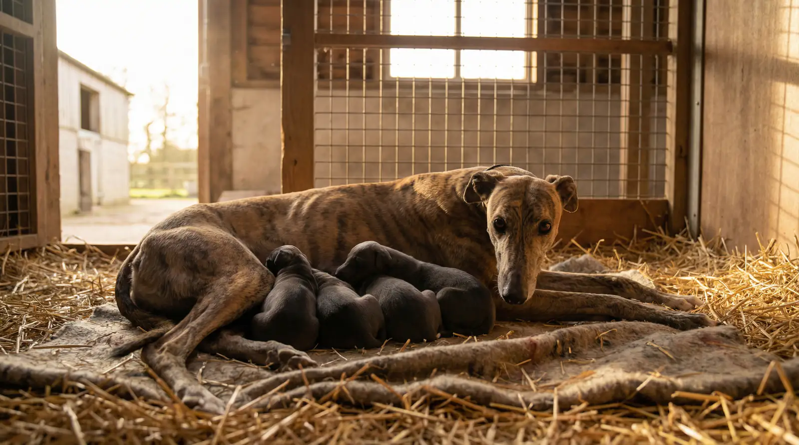 A greyhound dam with her litter of puppies in a clean kennel environment