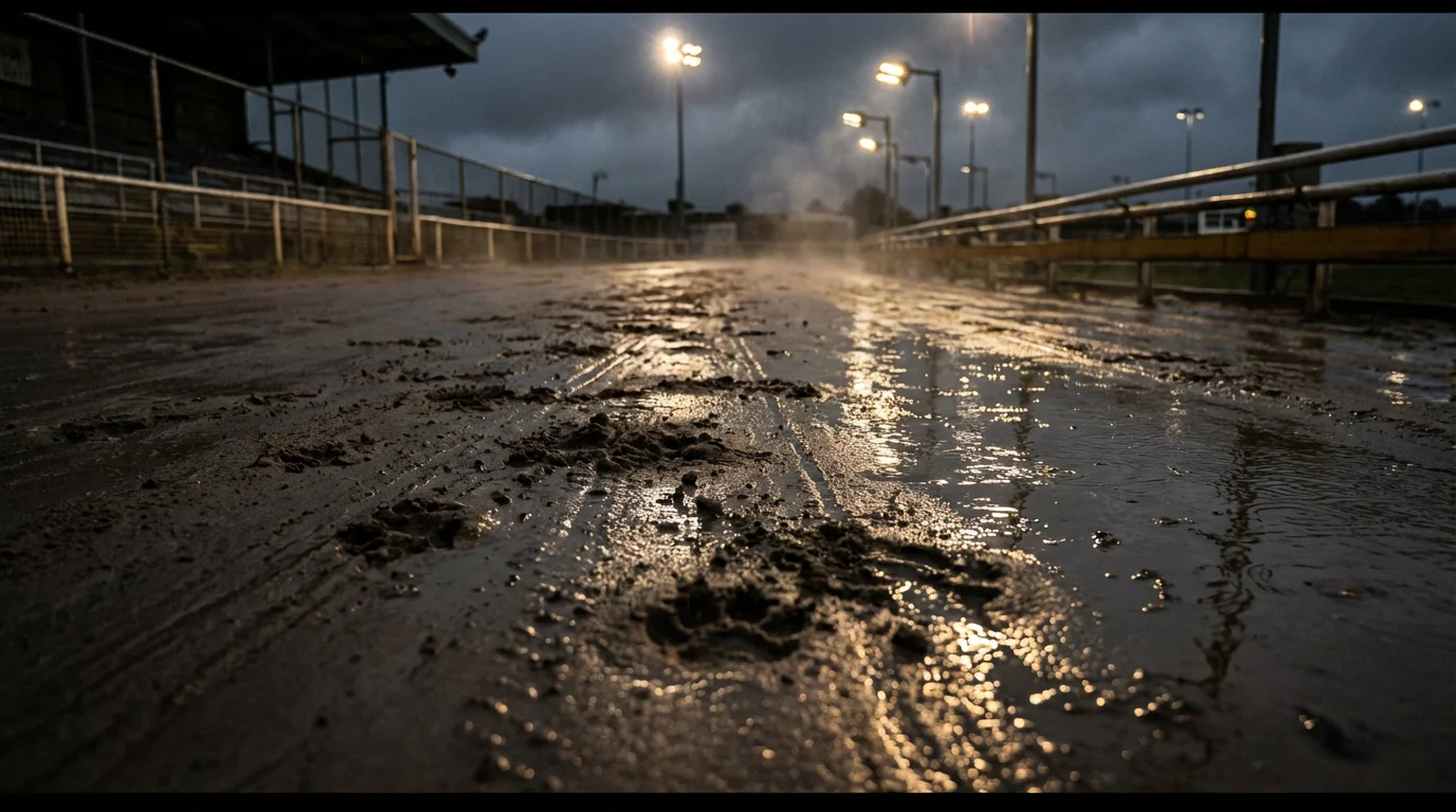 Wet sand surface of a greyhound racing track after rain with visible moisture and floodlight reflections