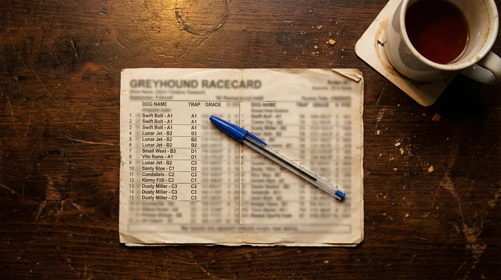 A greyhound racecard sheet showing grade listings and race entries on a table at a UK track