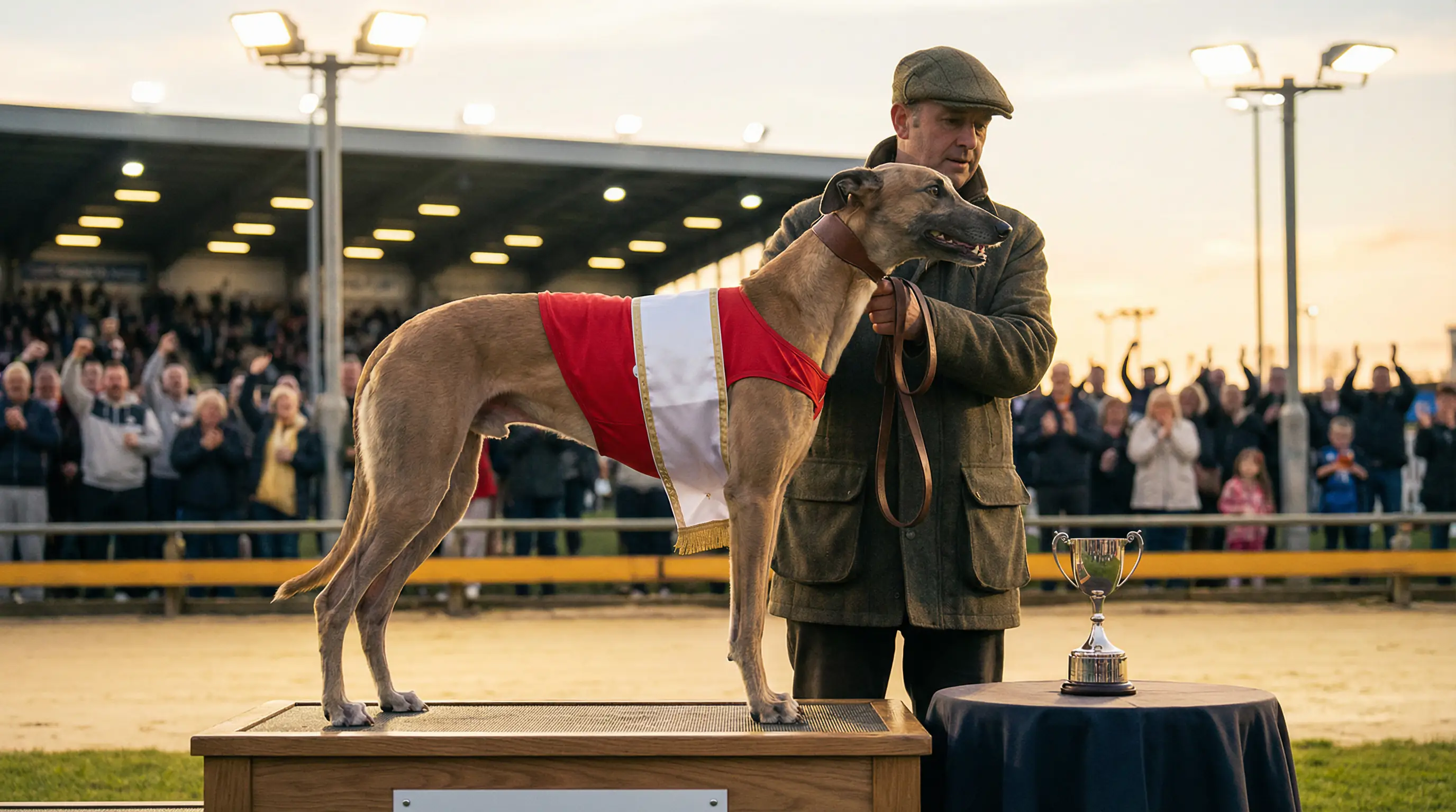 A greyhound wearing a winner's sash after an open race at a major UK greyhound event