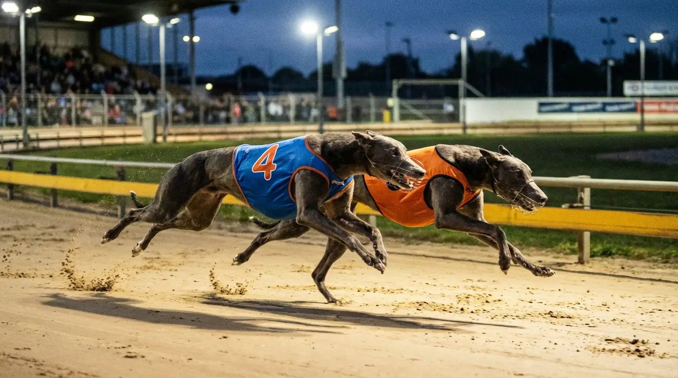 Two greyhounds crossing the finish line neck and neck during a close race at a UK track
