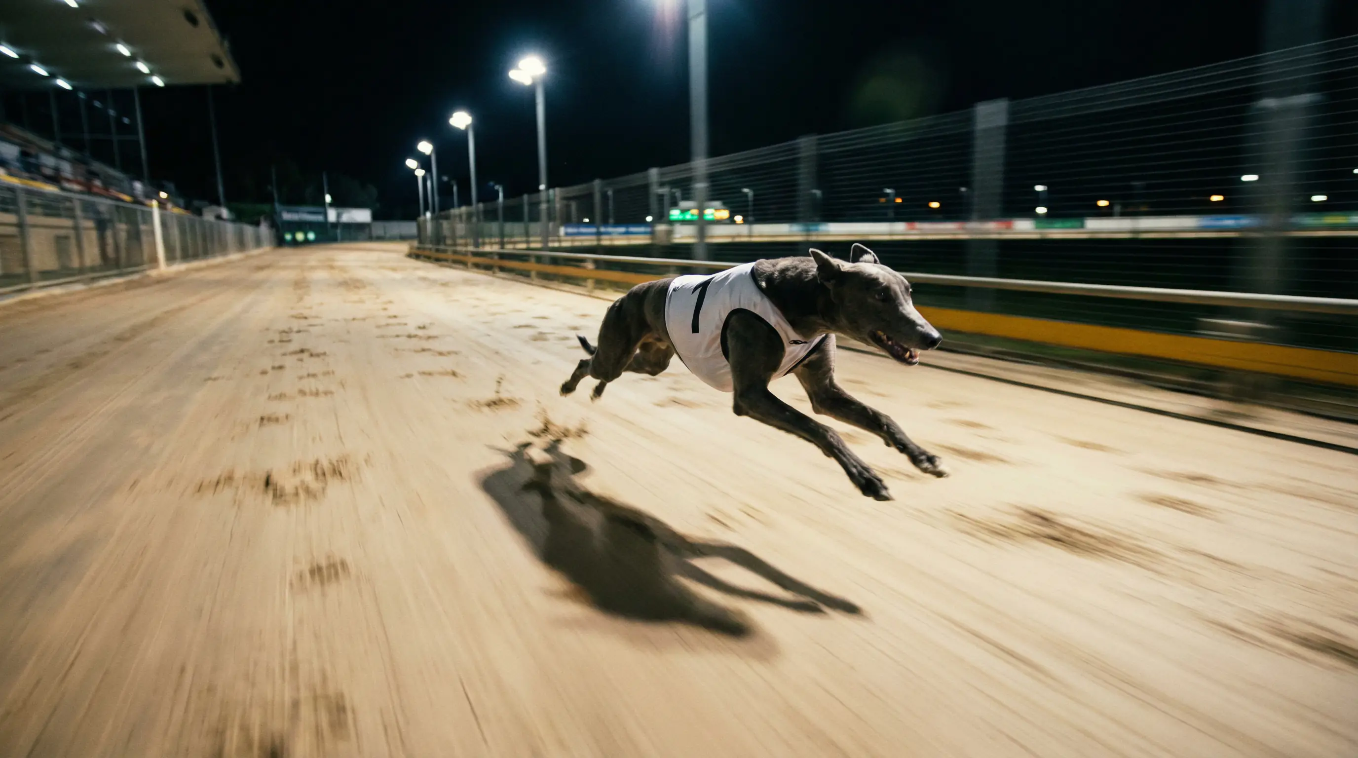 A greyhound running at full speed along the straight of a sand track under floodlights