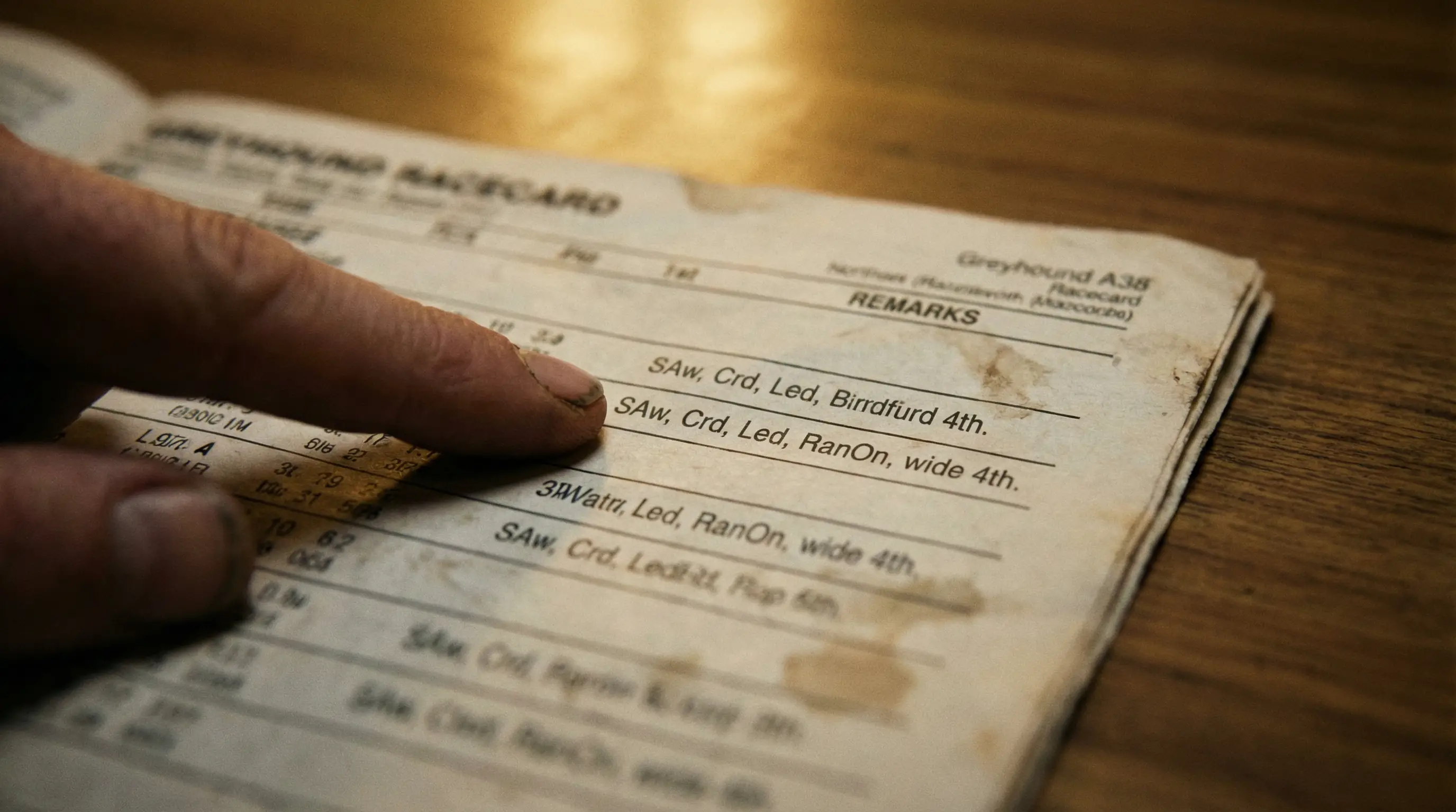 Close-up of a greyhound racecard showing race remarks and abbreviations column