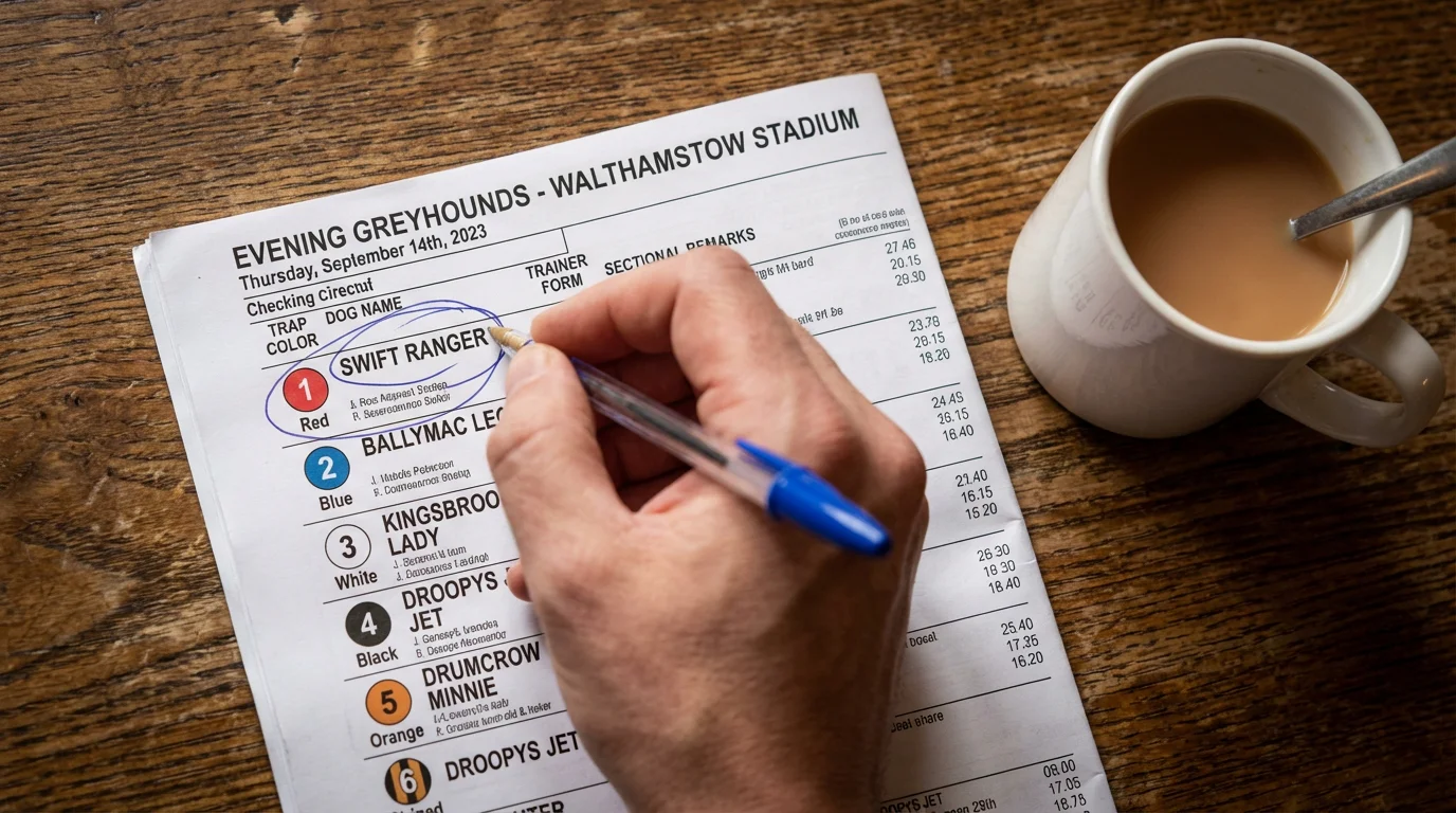 Close-up of a printed greyhound racecard showing trap numbers, form figures, sectional times and race remarks columns
