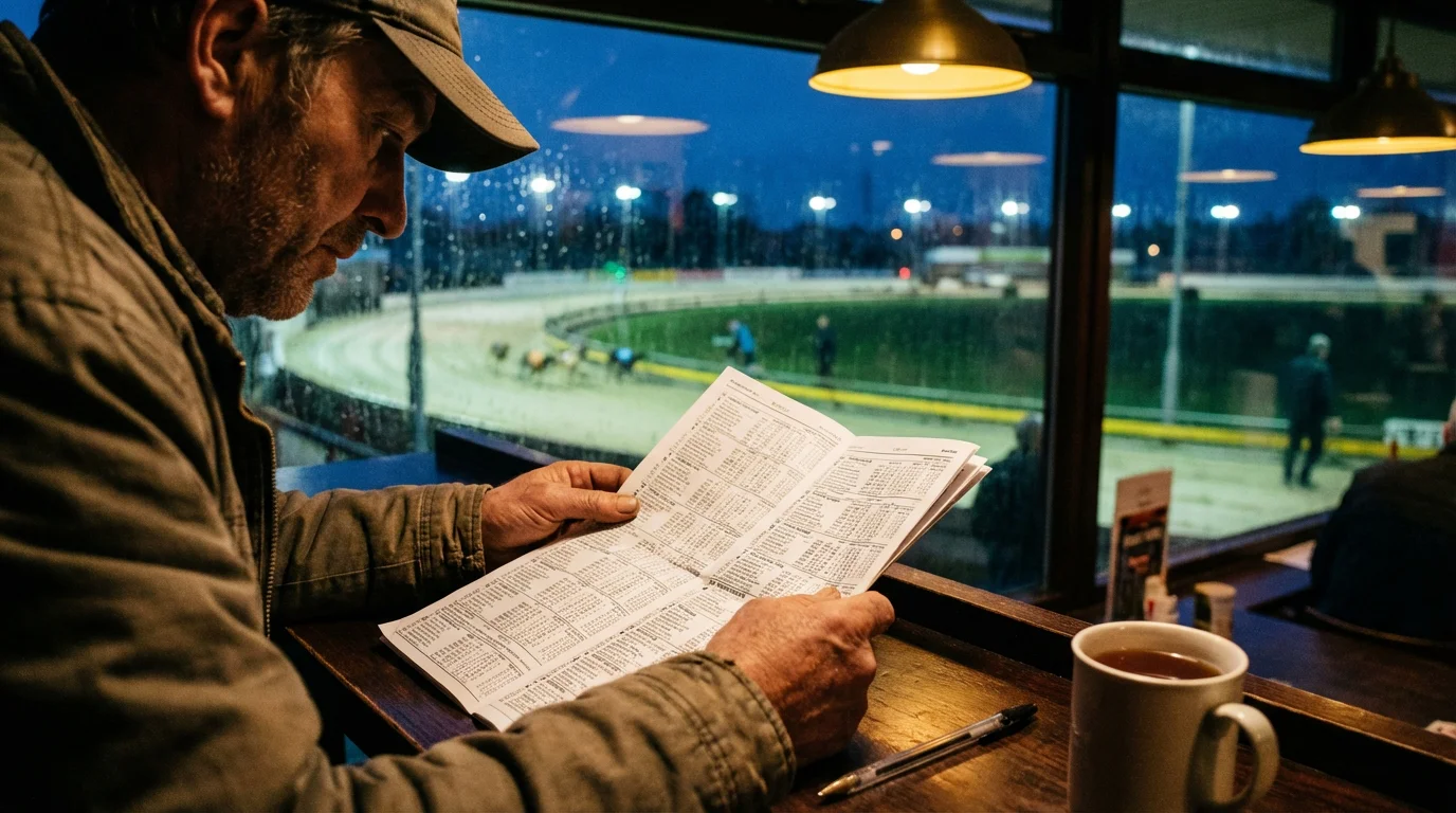 Greyhound racecard with form lines and split times at a UK track