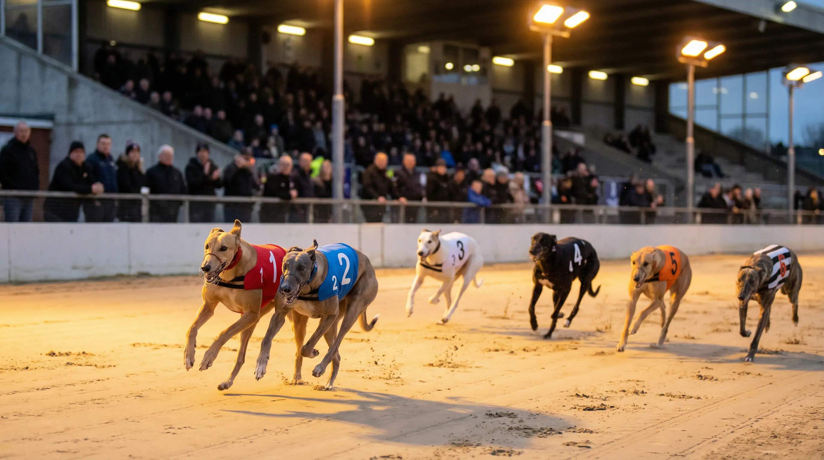 Greyhound dogs racing on a sand track during an evening meeting at a UK stadium