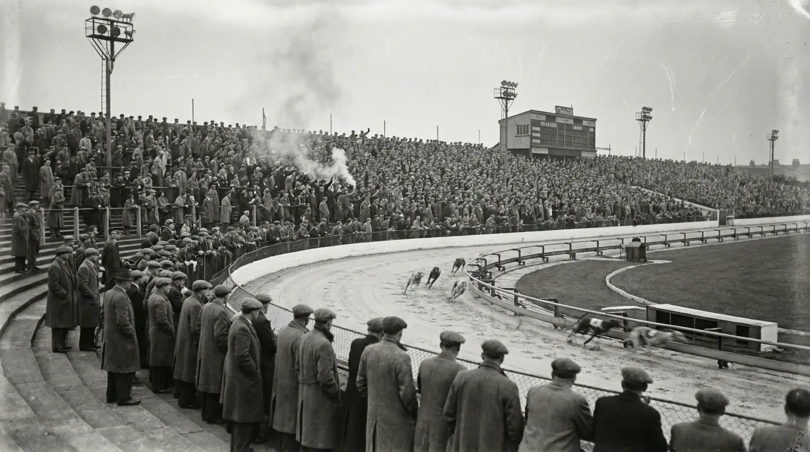 A vintage black-and-white photograph of a packed greyhound stadium in mid-twentieth century Britain
