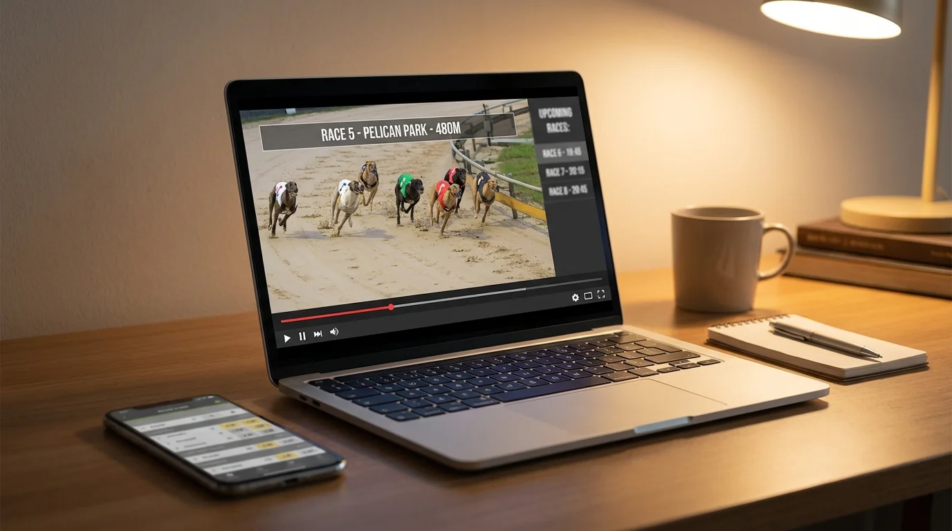 A laptop screen showing a live greyhound race stream with the betting interface alongside the video feed