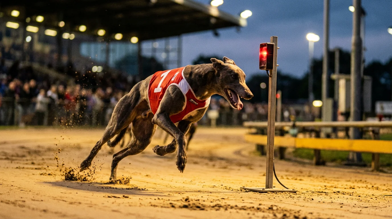 A greyhound crossing the first timing beam on a sand track during a race at a UK stadium