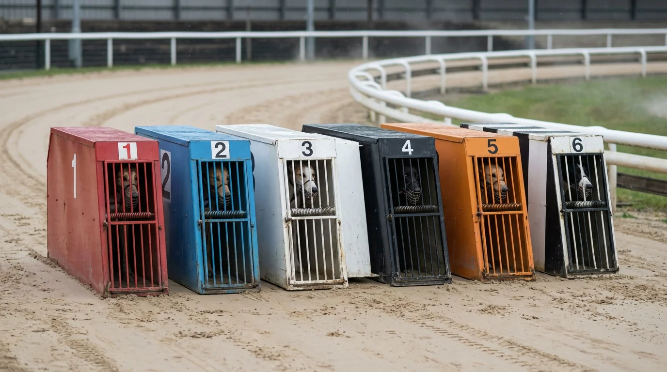 Six colour-coded starting traps at a greyhound racing stadium with dogs about to be released onto the sand track