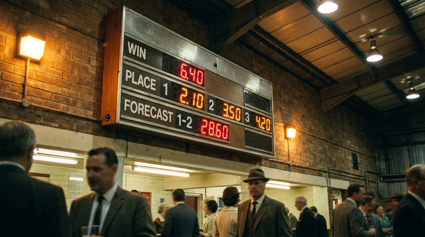 A tote board displaying pool dividends at a UK greyhound racing stadium