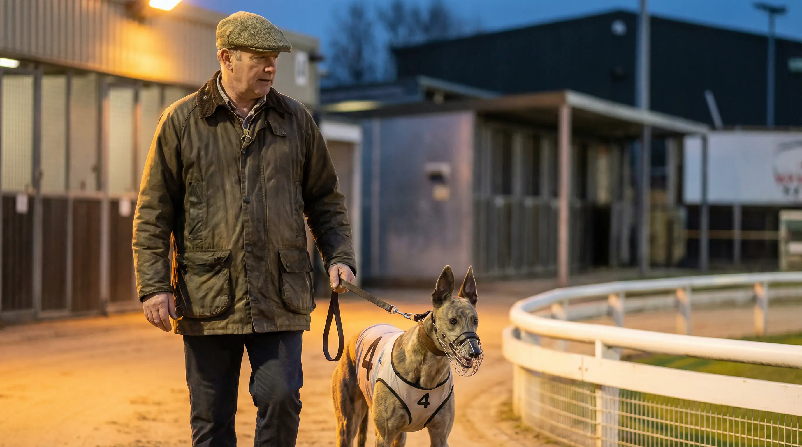 A greyhound trainer leading a racing dog on a leash through the paddock at a UK stadium