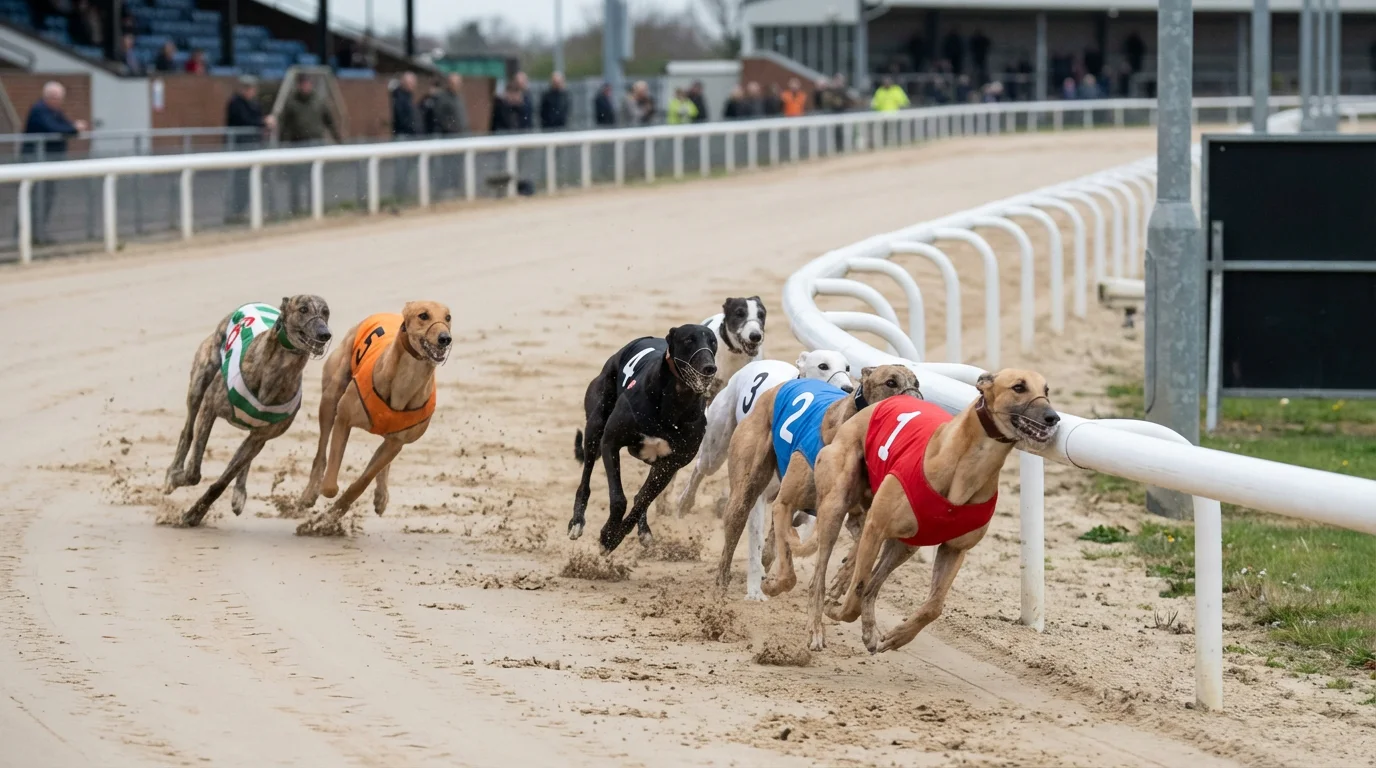 Greyhounds competing for position at the first bend of a sand track, showing the critical moment where trap draw advantage is decided