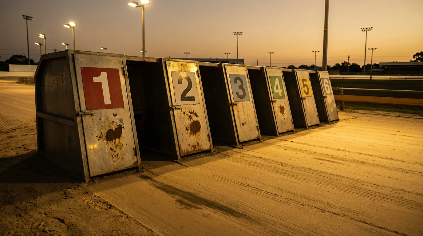 Six greyhound starting traps numbered one to six on a sand track before a race