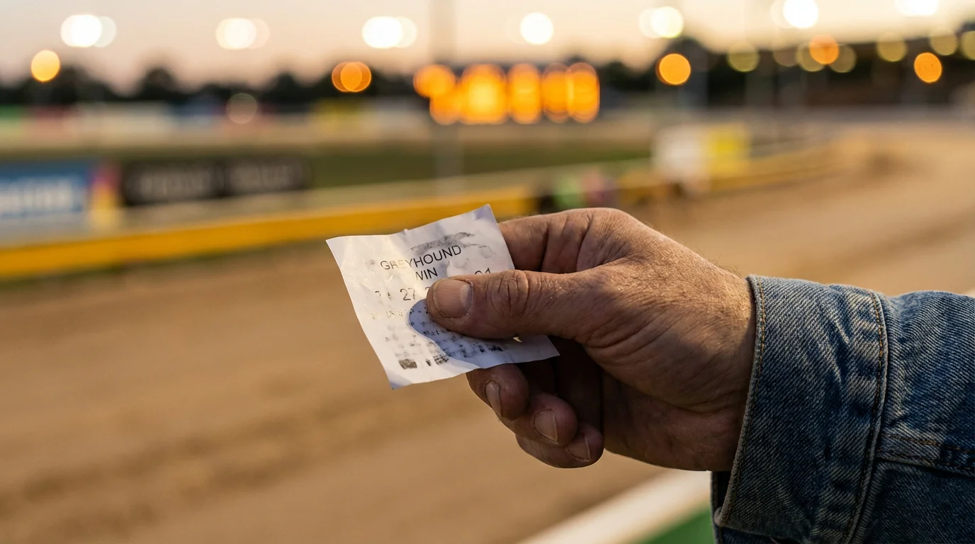 A bettor holding a winning greyhound racing betting slip at a UK stadium