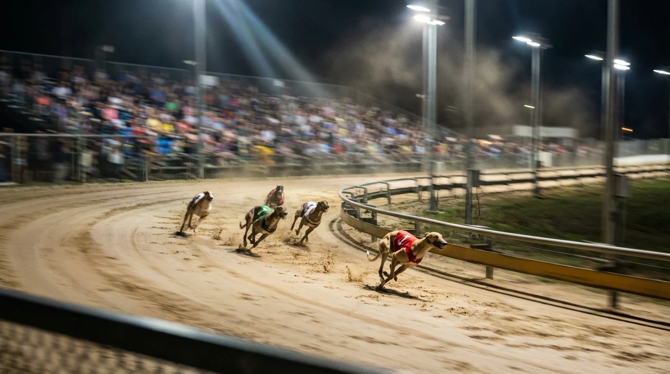 A greyhound race in progress viewed on a live stream with dogs rounding a bend at speed