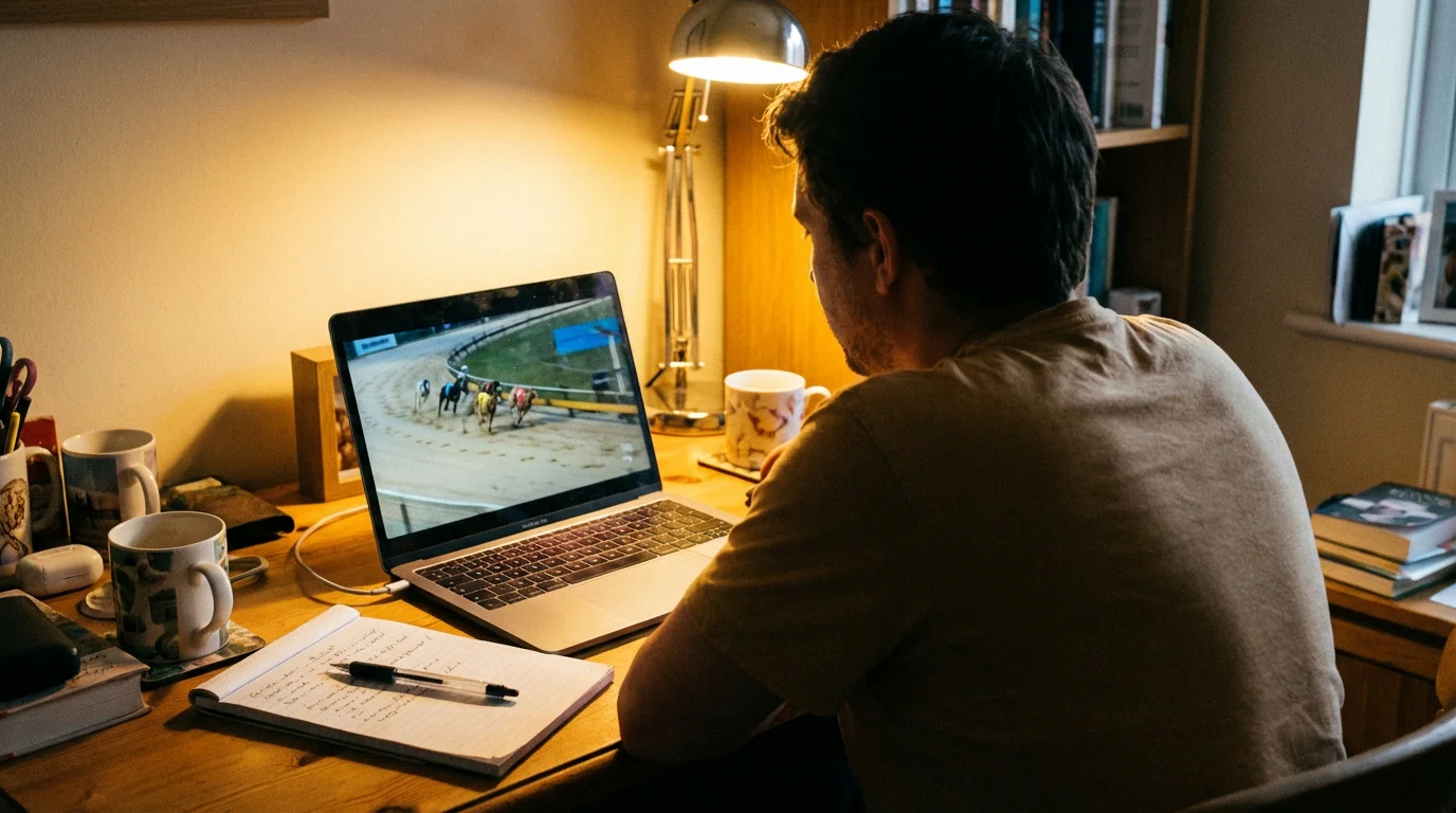 A person watching a live greyhound race stream on a laptop screen at home