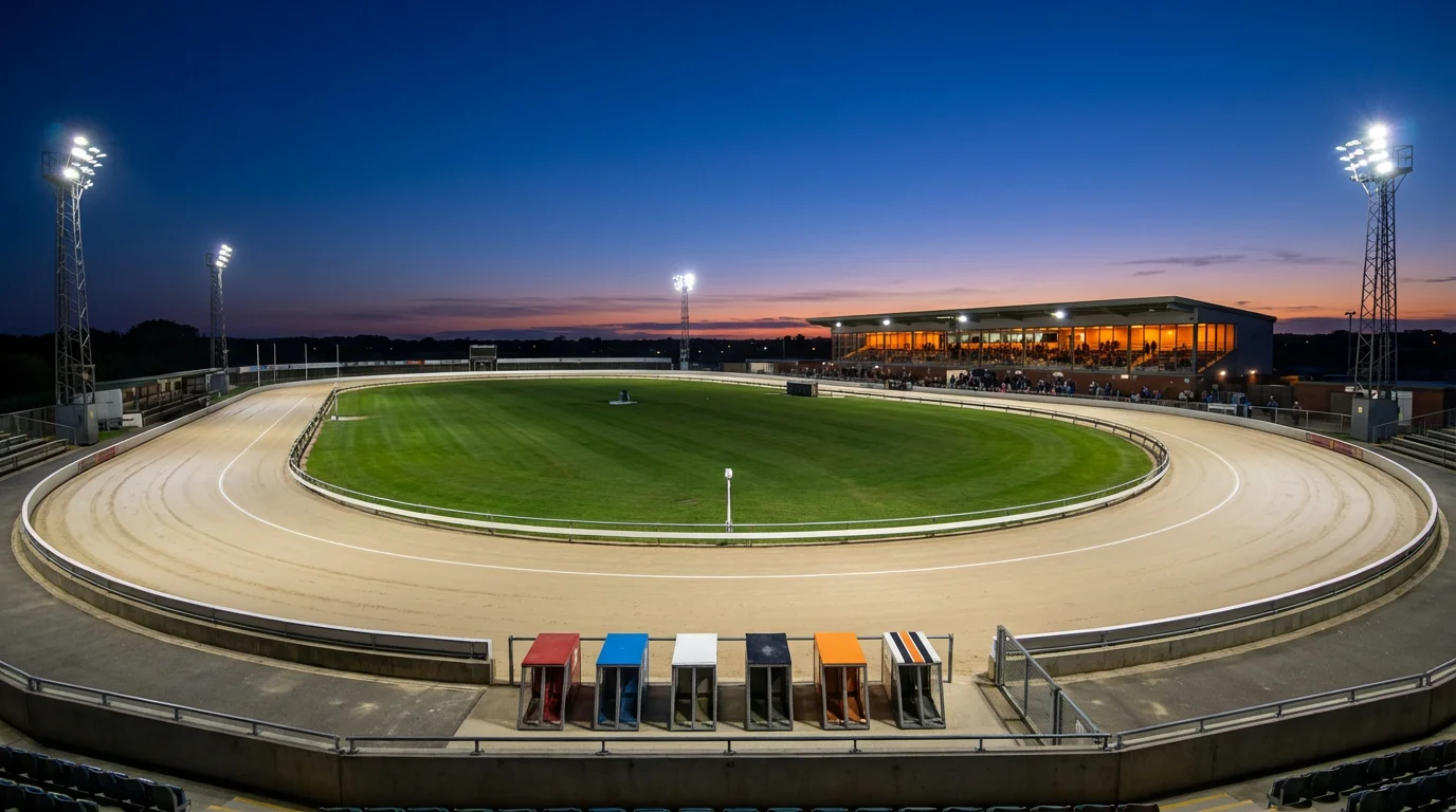 Aerial view of a UK greyhound racing stadium with sand oval track
