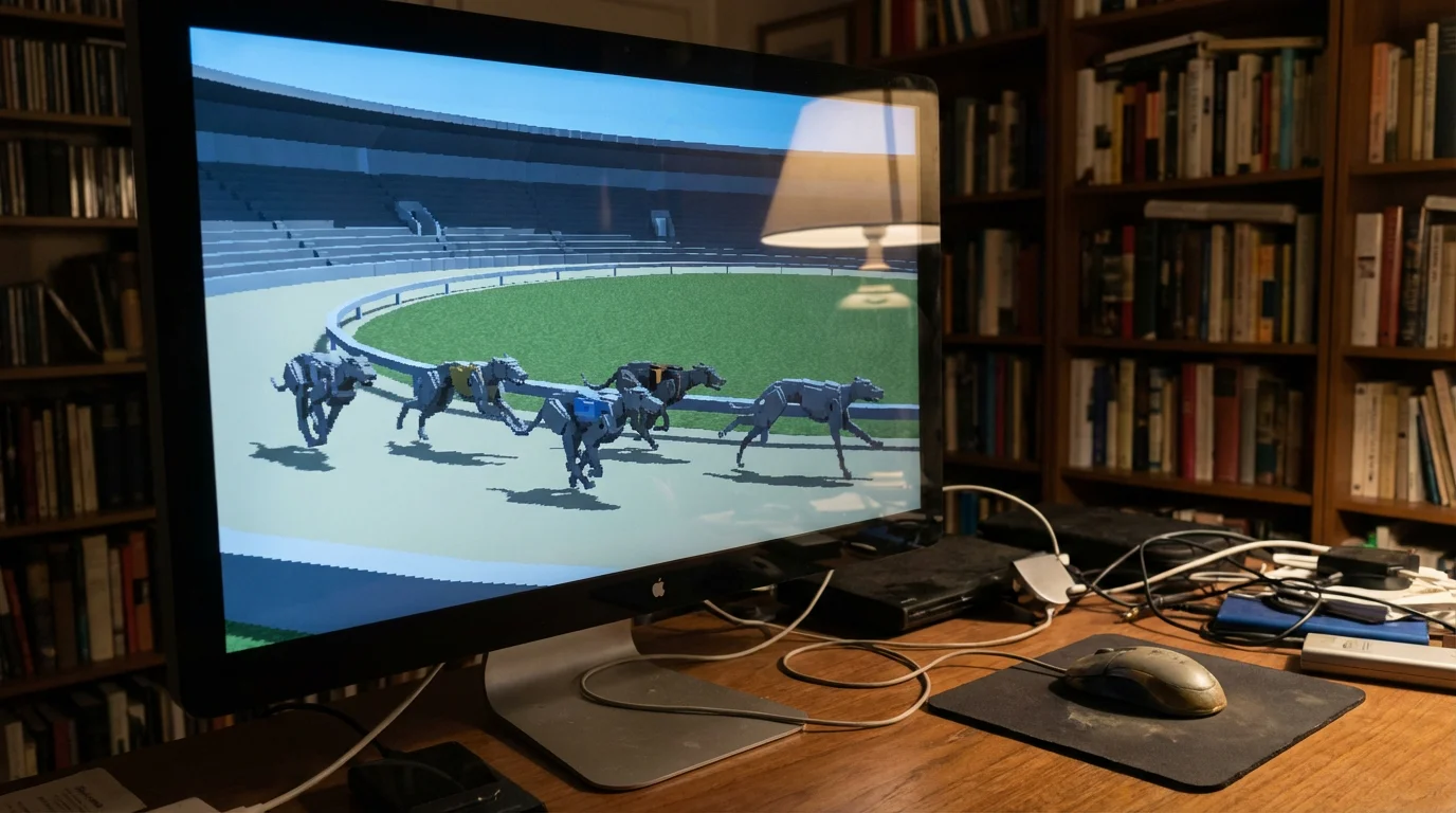 A computer screen displaying a virtual greyhound racing animation with six dogs on a track
