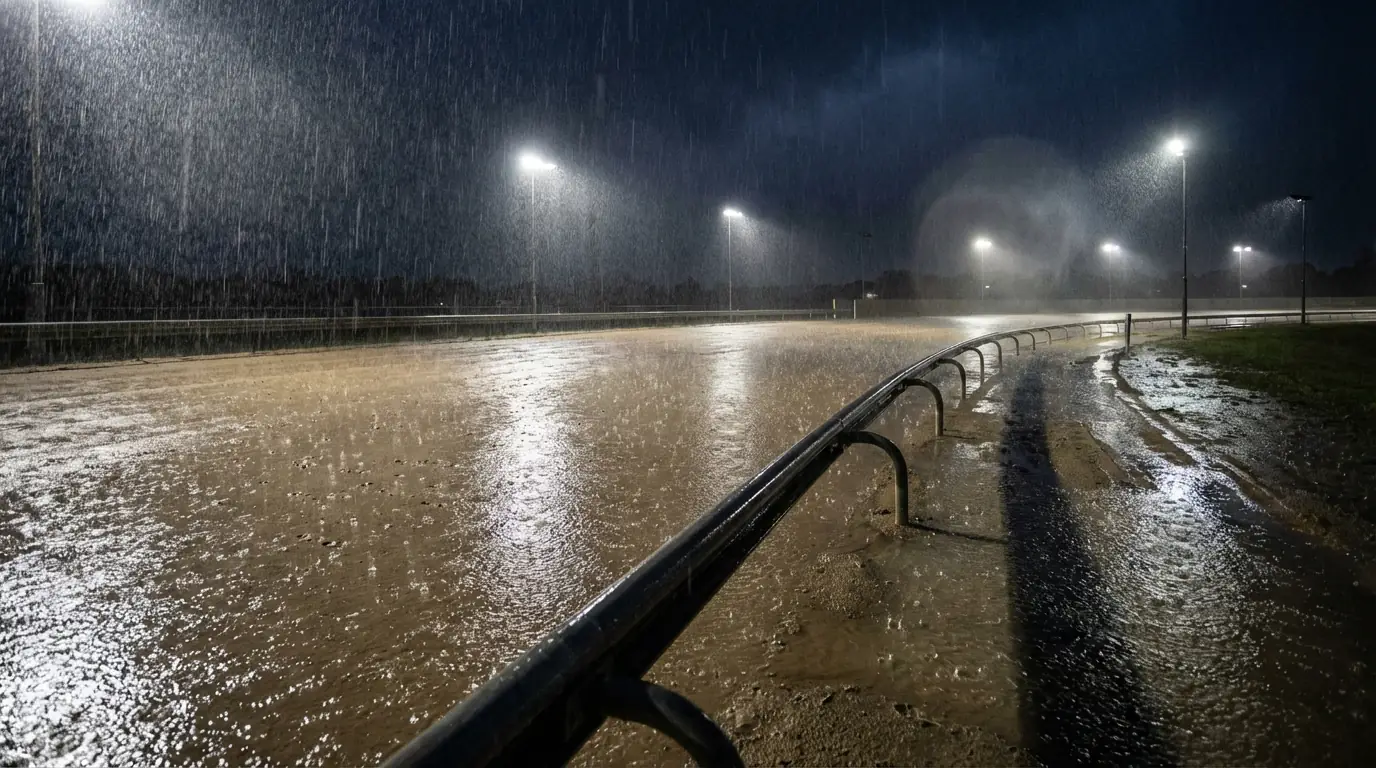 Rain falling on a greyhound racing sand track with puddles forming under floodlights
